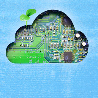 A bud grows on a cloud cutout revealing circuit board content 