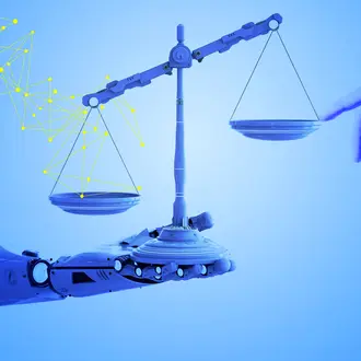 A robot holds a scale, while a human hand touches it