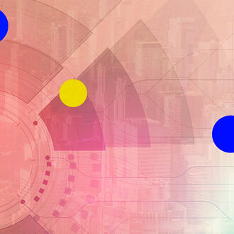 Abstract geometric pattern with dots and a city skyline 