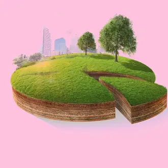 A pie chart resembling a piece of green land with a city skyline and trees 