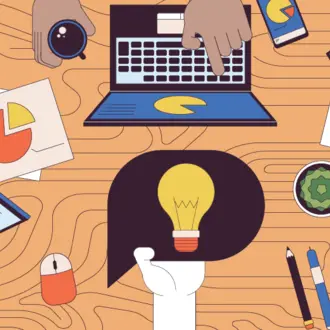 Illustration of tabletop with computers, papers, and hands