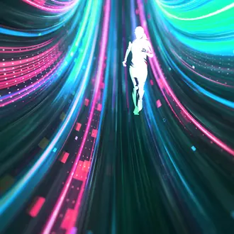 The silhouette of a person runs along an abstract digital background