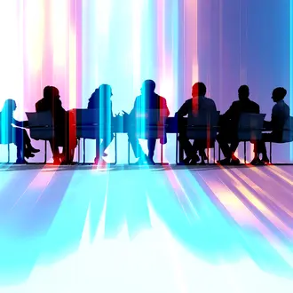 The silhouette of workers in a boardroom meeting surrounded by colorful abstract  bars