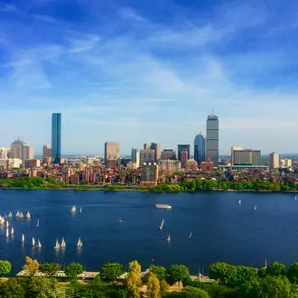 Image of the Boston skyline as seen from across the river in Cambridge