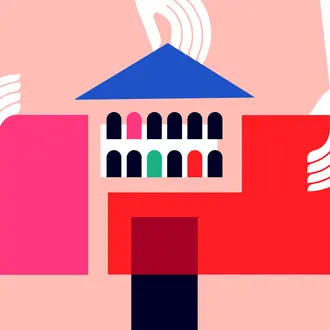 An illlustration of hands holding geometric pieces forming a university