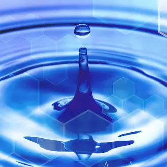 A water droplet creates a ripple with a medical hexagon pattern juxtaposed on top