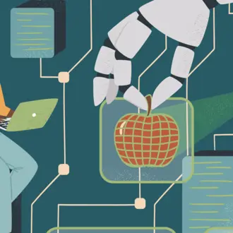 Women in AI concept vector illustration. Woman controls robotic arm with digital tablet. Diversity and Break the science bias. Female developer and engineer in tech. Innovative technologies.