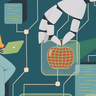 Women in AI concept vector illustration. Woman controls robotic arm with digital tablet. Diversity and Break the science bias. Female developer and engineer in tech. Innovative technologies.