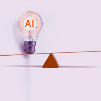 A lightbulb with the acronym 'AI' balances on a seesaw