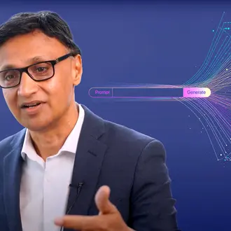 Rama Ramakrishnan with an illustration of a large language model 'prompt' and 'generate' button