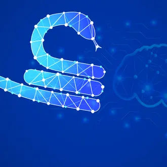 An AI looking snake with digital brain and network connection lines in the background