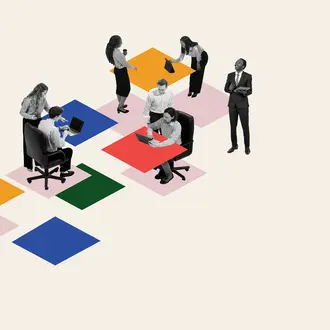A photo illustration of various workers working with colorful geometric blocks