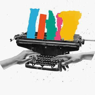 A photo illustration of colorful bars coming out of a typewriter