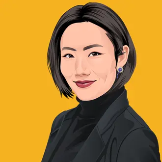 Illustrated photo of woman wearing jacket on yellow background