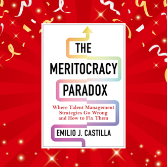 Cover of Emilio Castilla's book "The Meritocracy Paradox" against a celebratory red background with some ribbons and stars