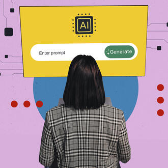 A person looks at an AI screen that says "Enter prompt" and "Generate"
