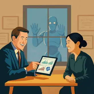 A financial advisor chats with a client while a robot looks through the window