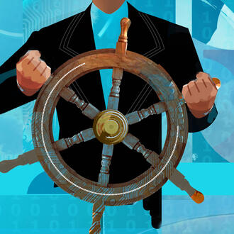 A business person helming a ship's wheel
