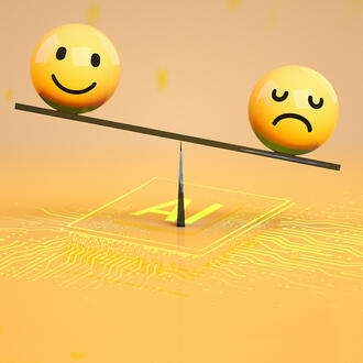 A happy face and sad face sit on opposite ends of a seesaw over the letters "AI"