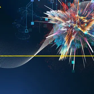 A curved line and colorful explosion appear on an abstract graph