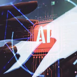 A mobile device photo is double exposed with an image of a circuit with the letters "AI"