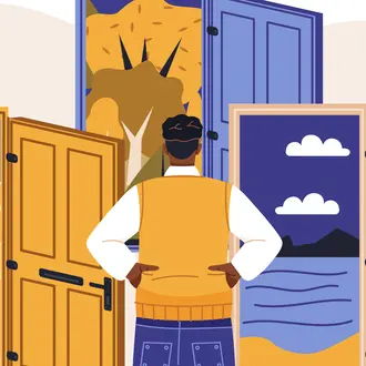 Illustration of person standing in front of several open doorways
