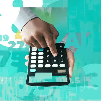 An illustration of a hand entering data on a calculator.