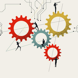 An illustration of a team of workers working on cogwheels