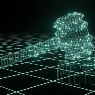 Green digital 3D rendering of a gavel on a black background