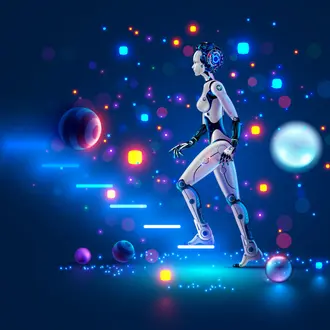 Robot woman walking up futuristic steps