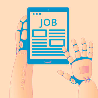 Robot hands typing a job listing on a tablet