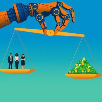 A robot arm lifts a scale with employees on one side and money on the other