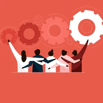 A team embraces each other in front of cogwheels