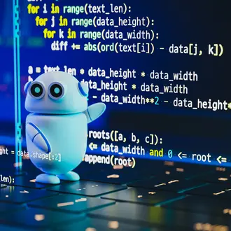 Small, 3D white round chatbot pointing at code on computer screen