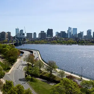 View of boston skyline over the Charles River from E62, looking in the direction of the Longfellow Bridge