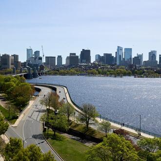 View of boston skyline over the Charles River from E62, looking in the direction of the Longfellow Bridge