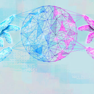 Two hands hold the earth in a polygonal artificial intelligence design