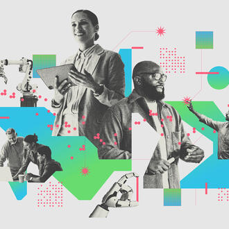 A collage of employees, artificial intelligence, and geometric shapes