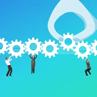 A group of workers lifts and pushes cogwheels