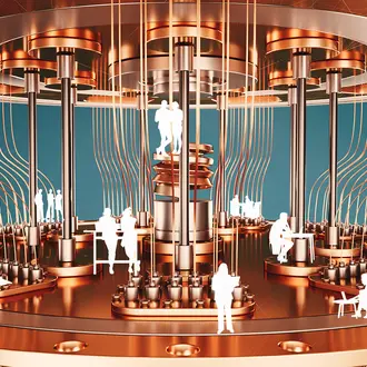 Silhouettes of various employees in a larger than life quantum computer