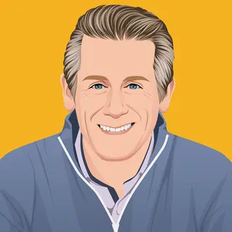 Illustration of smiling man wearing blue jacket against yellow background