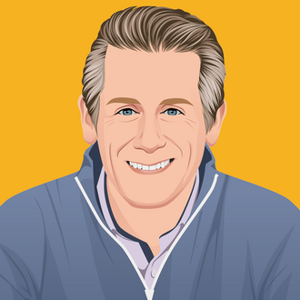 Illustration of smiling man wearing blue jacket against yellow background