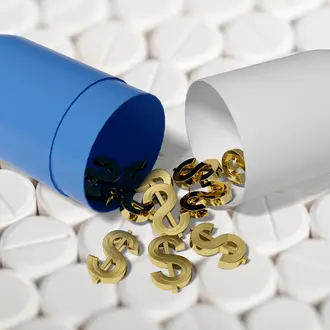 Impact of Drug Rebates pill open with dollar signs