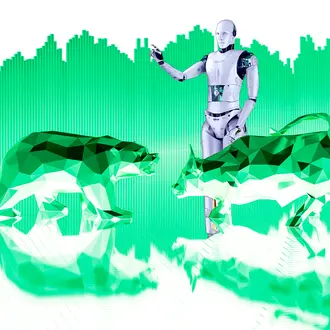 A robot, bear, and bull in front of a bar graph