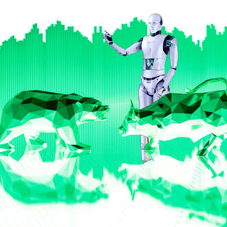 A robot, bear, and bull in front of a bar graph