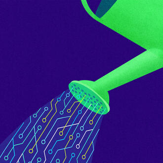 digital/AI/circuitry imagery flows out of a watering can