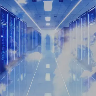 Clouds/carbon emission floating through a data center