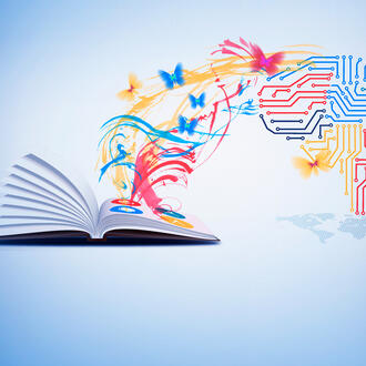 Various shapes and butterflies fly out of an open book and into a digital brain