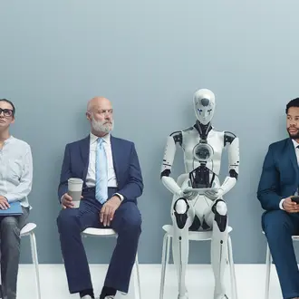 Three professionals and a robot sit in a waiting room