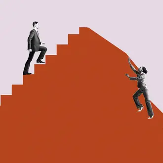 Illustration of a white man ascending steps on a hillside, while a woman of color struggles to rise on the other side, where there is not stairway